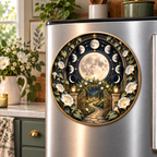 Moonflower Haven Acrylic Refrigerator Magnet with printed optical 3D artwork in its use setting