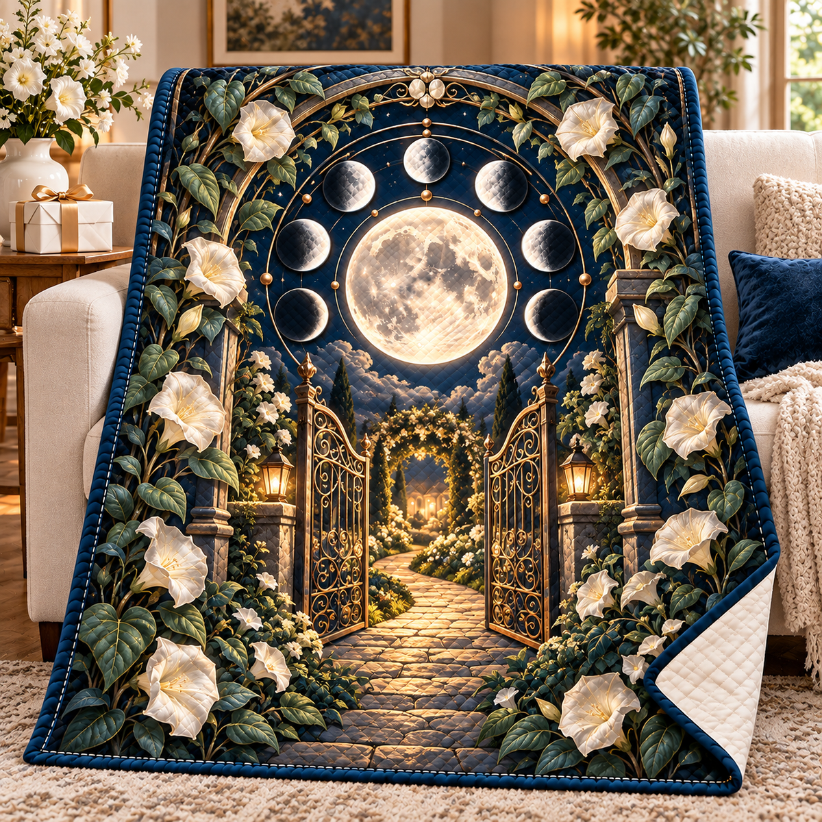 Moonflower Haven Quilt Blanket with printed optical 3D artwork in its use setting