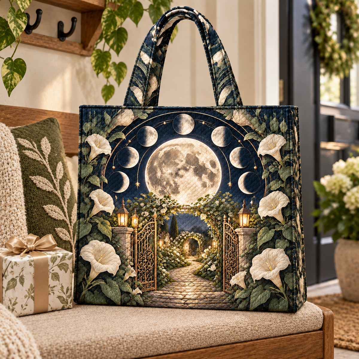 Moonflower Haven Quilted Tote Bag with printed optical 3D artwork in its use setting