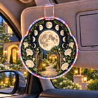 Moonflower Haven Holographic Car Visor Clip with printed optical 3D artwork in its use setting