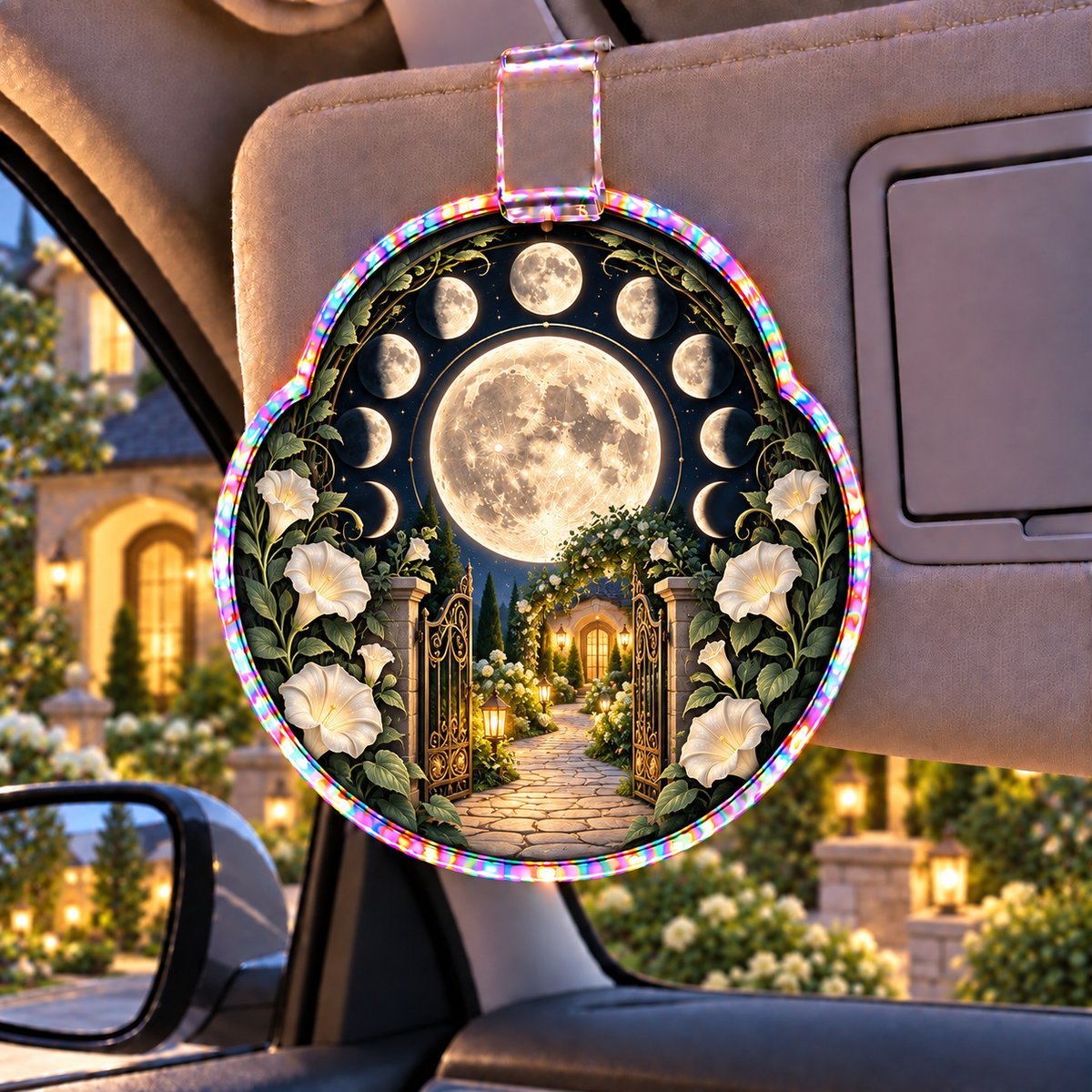 Moonflower Haven Holographic Car Visor Clip with printed optical 3D artwork in its use setting