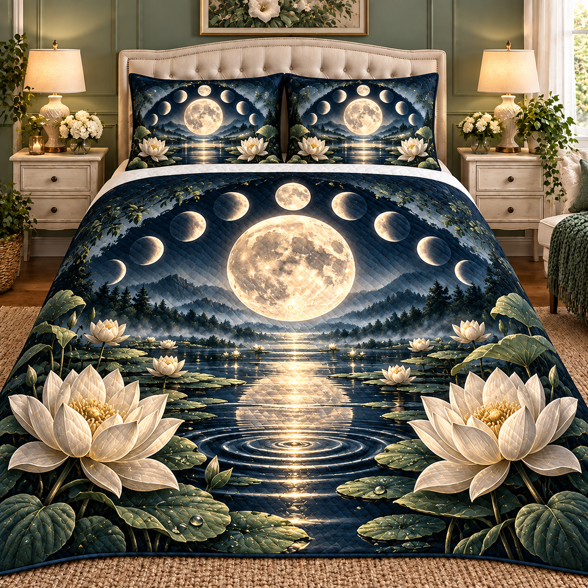 Stillwater Orbit Quilted Bedding Set with printed optical 3D artwork in its use setting