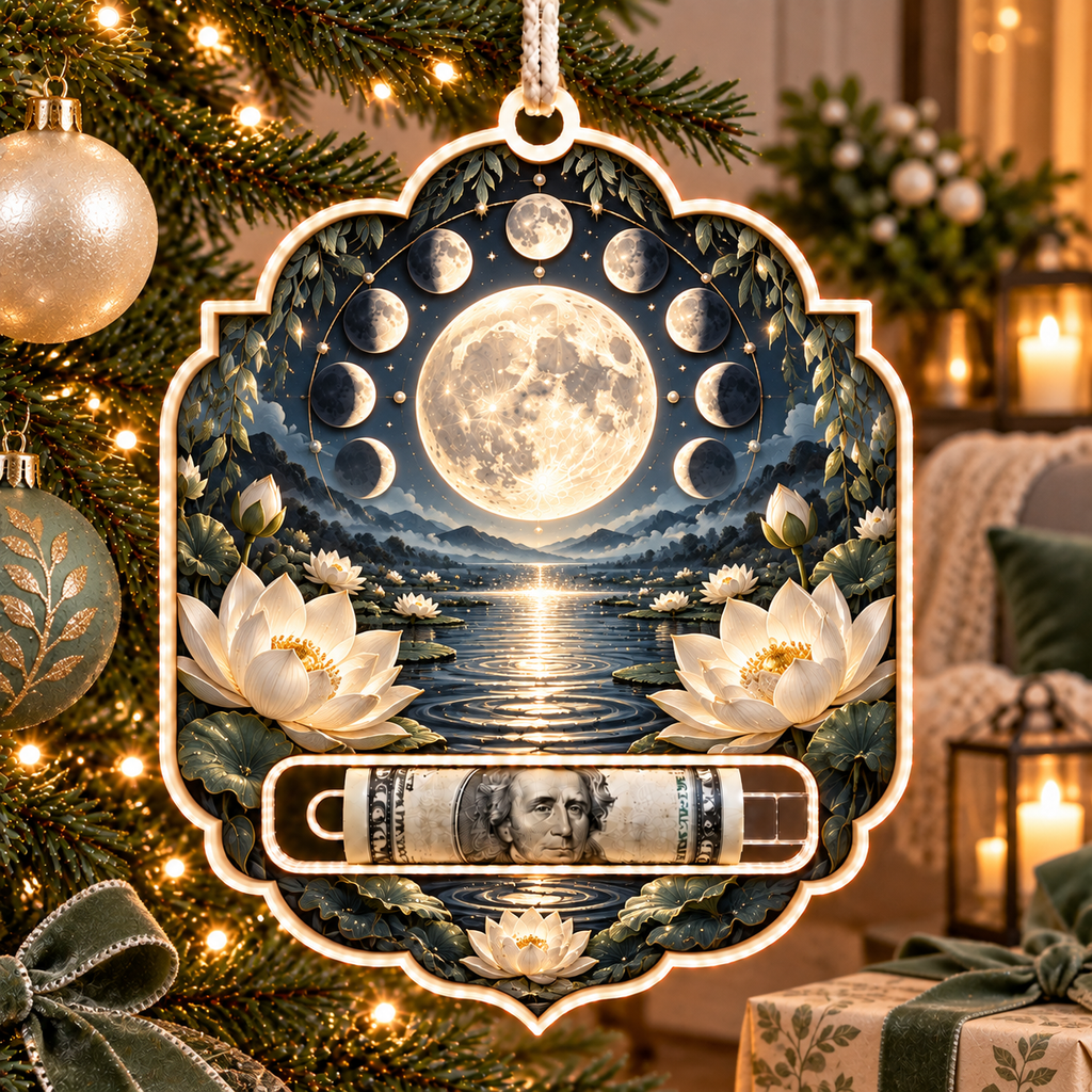 Stillwater Orbit Acrylic Cash Holder Ornament with printed optical 3D artwork in its use setting