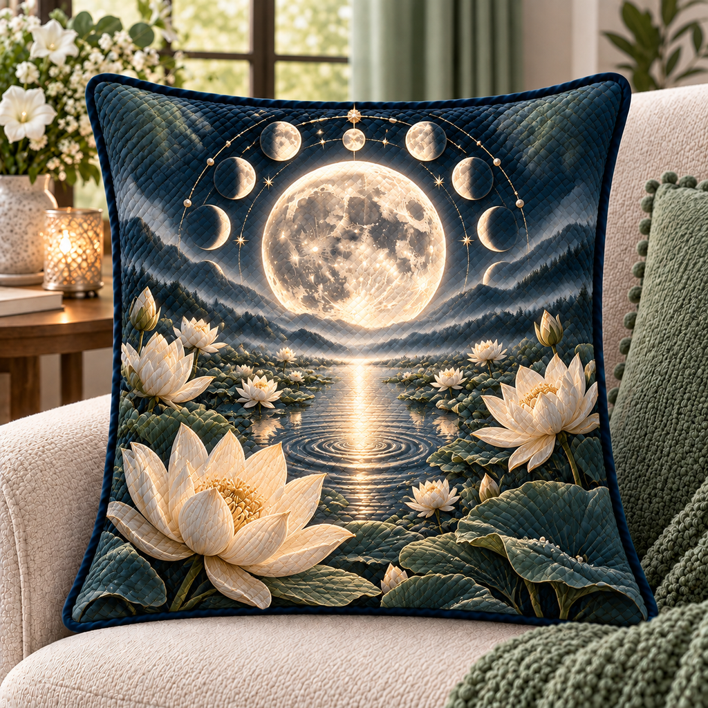 Stillwater Orbit Quilted Cushion Cover with printed optical 3D artwork in its use setting