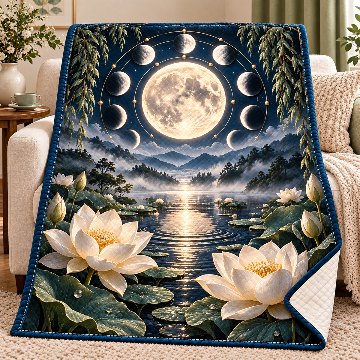 Stillwater Orbit Quilt Blanket with printed optical 3D artwork in its use setting