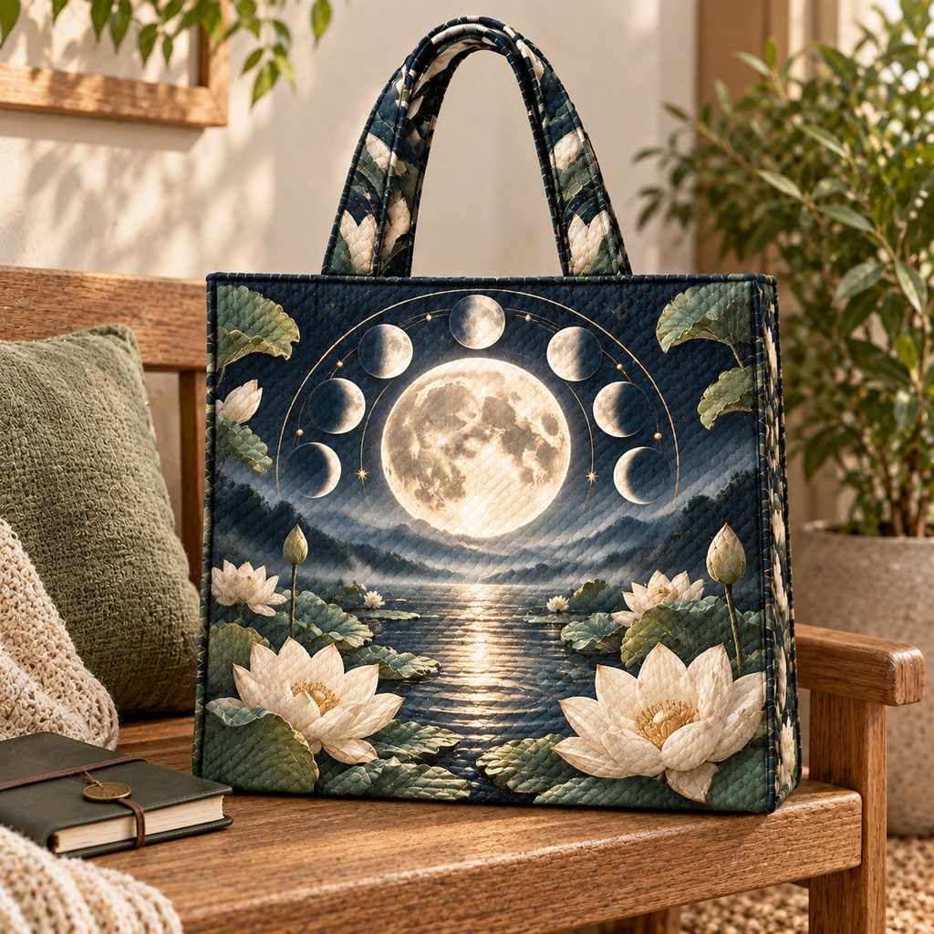 Stillwater Orbit Quilted Tote Bag with printed optical 3D artwork in its use setting