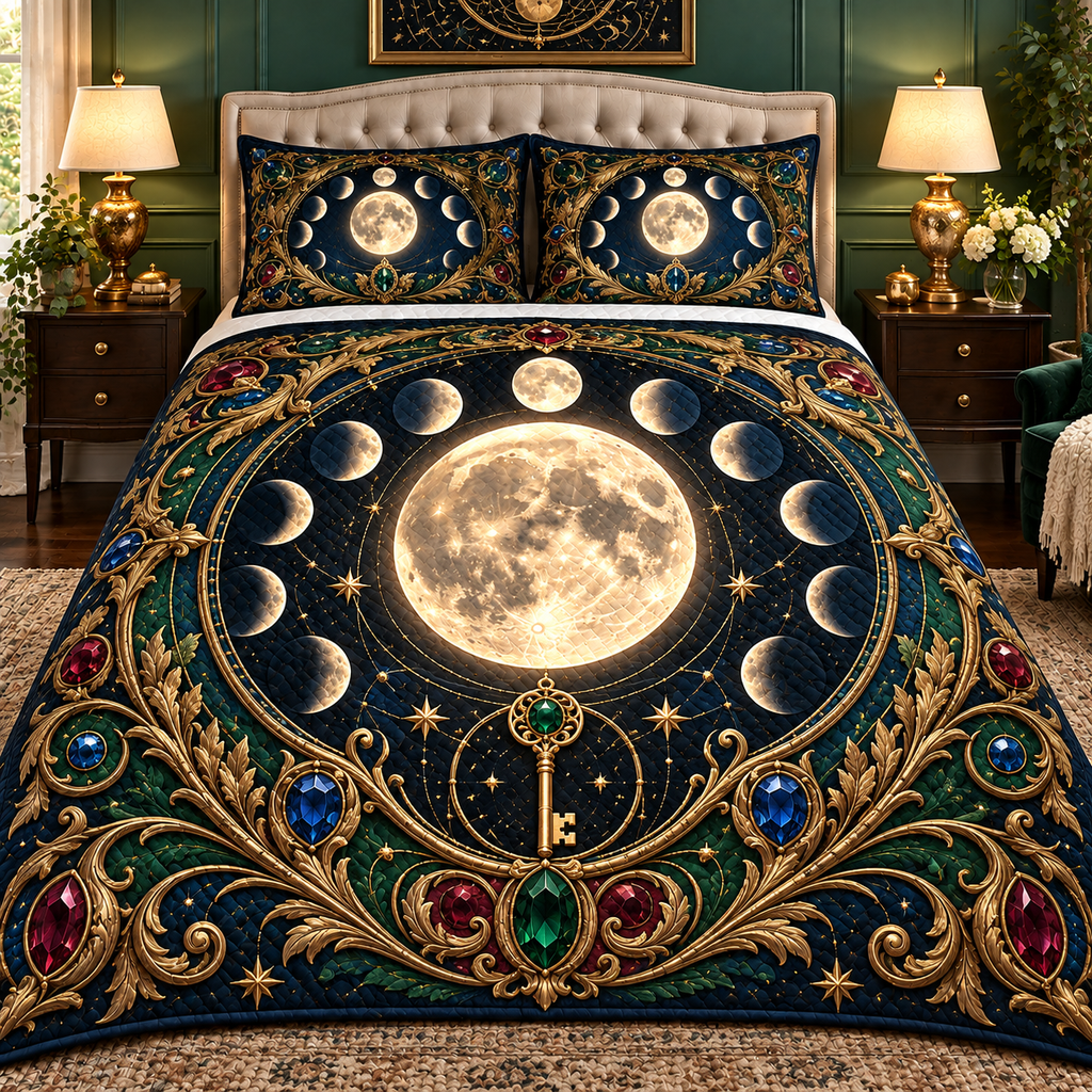 Astral Heirloom Quilted Bedding Set with printed optical 3D artwork in its use setting