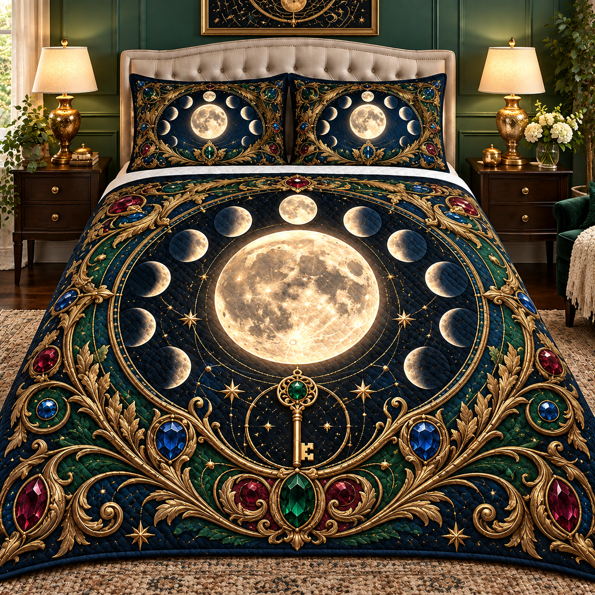 Astral Heirloom Quilted Bedding Set with printed optical 3D artwork in its use setting