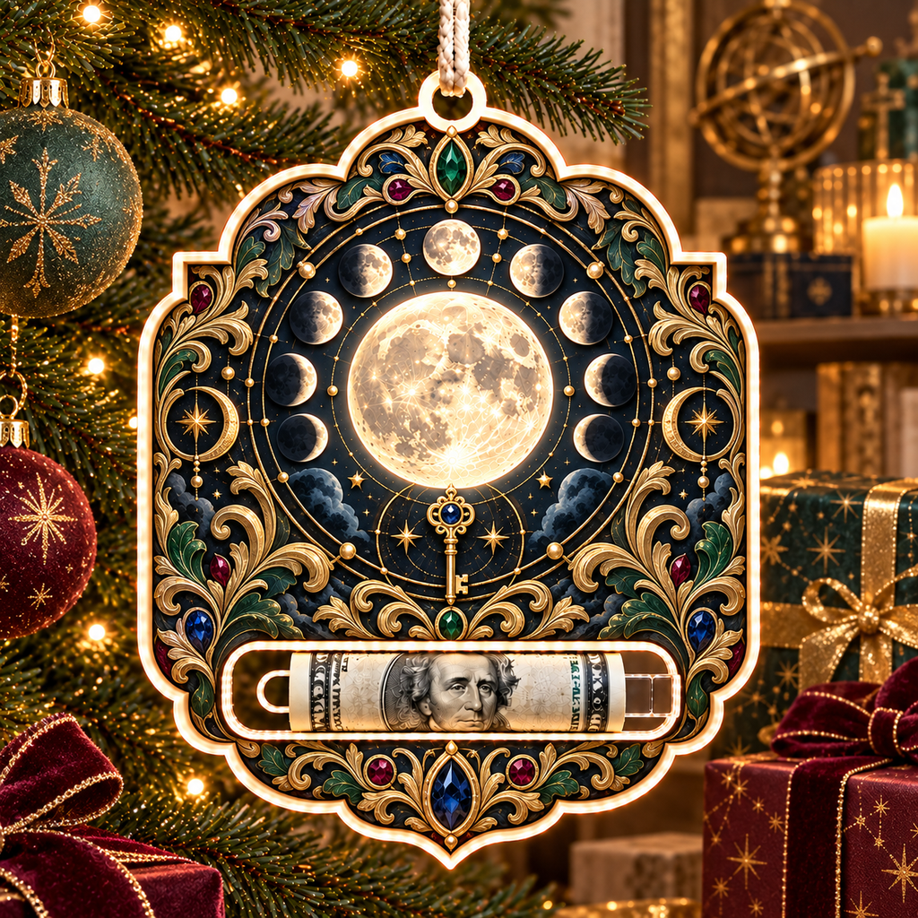 Astral Heirloom Acrylic Cash Holder Ornament with printed optical 3D artwork in its use setting