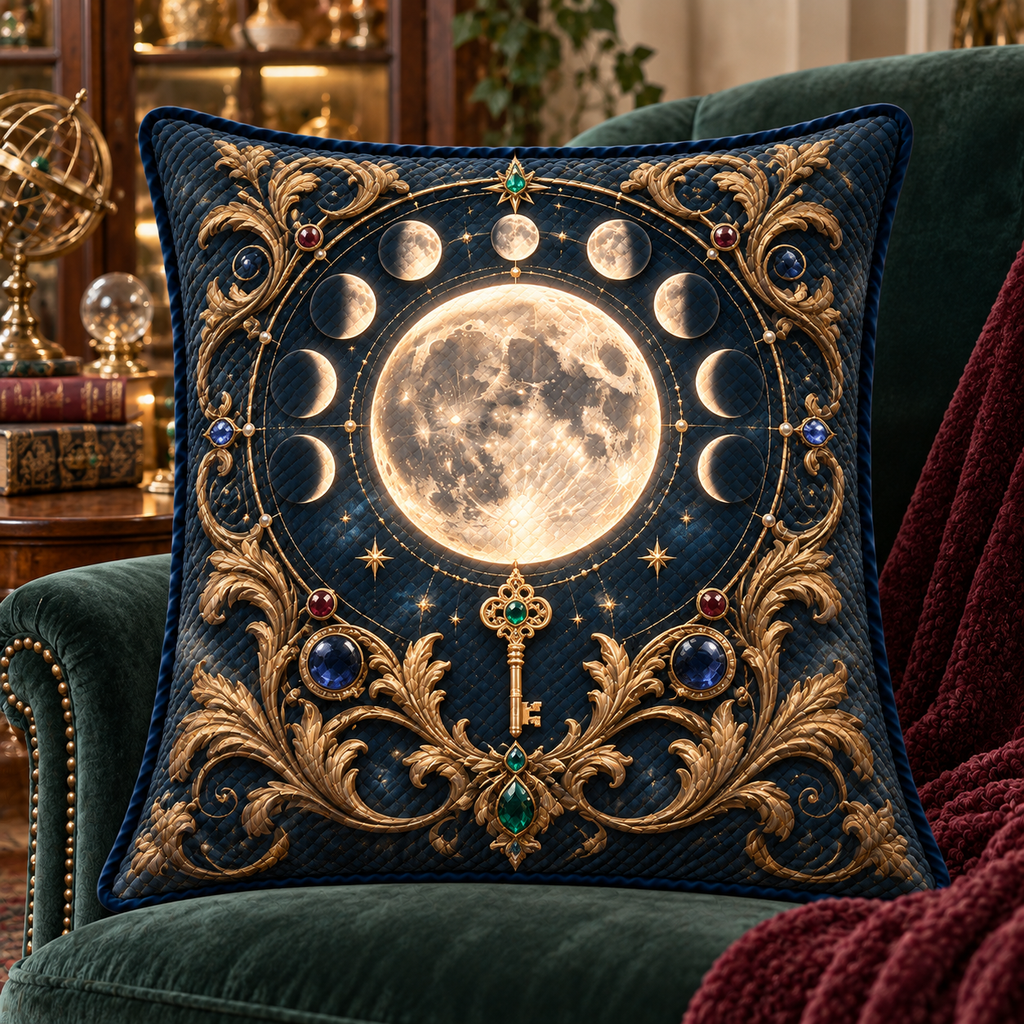 Astral Heirloom Quilted Cushion Cover with printed optical 3D artwork in its use setting