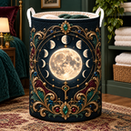Astral Heirloom Laundry Hamper with printed optical 3D artwork in its use setting