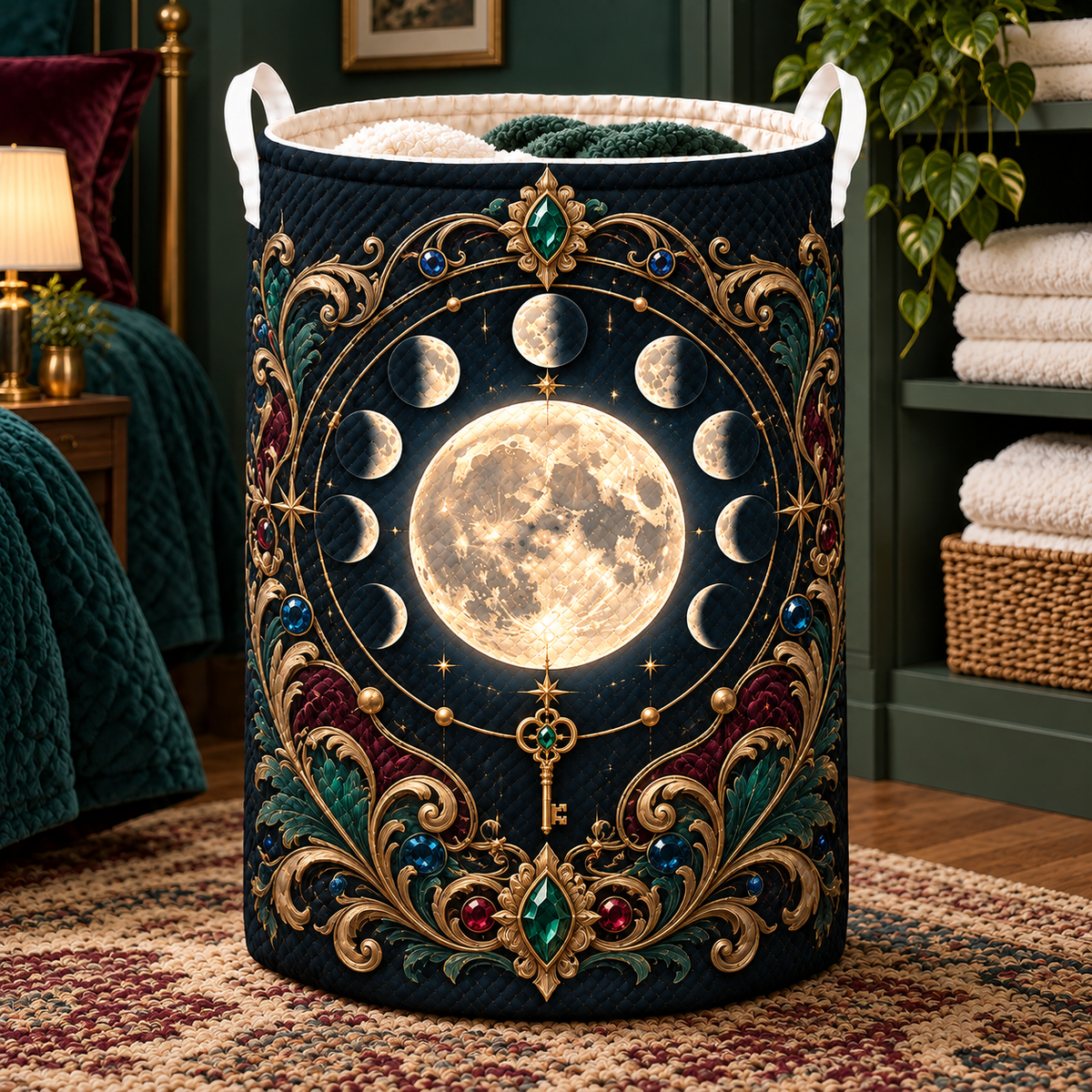 Astral Heirloom Laundry Hamper with printed optical 3D artwork in its use setting