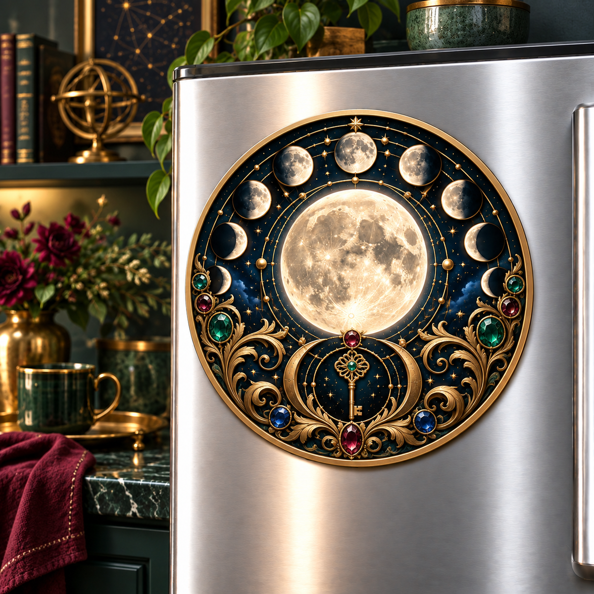 Astral Heirloom Acrylic Refrigerator Magnet with printed optical 3D artwork in its use setting