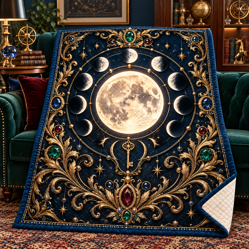 Astral Heirloom Quilt Blanket with printed optical 3D artwork in its use setting