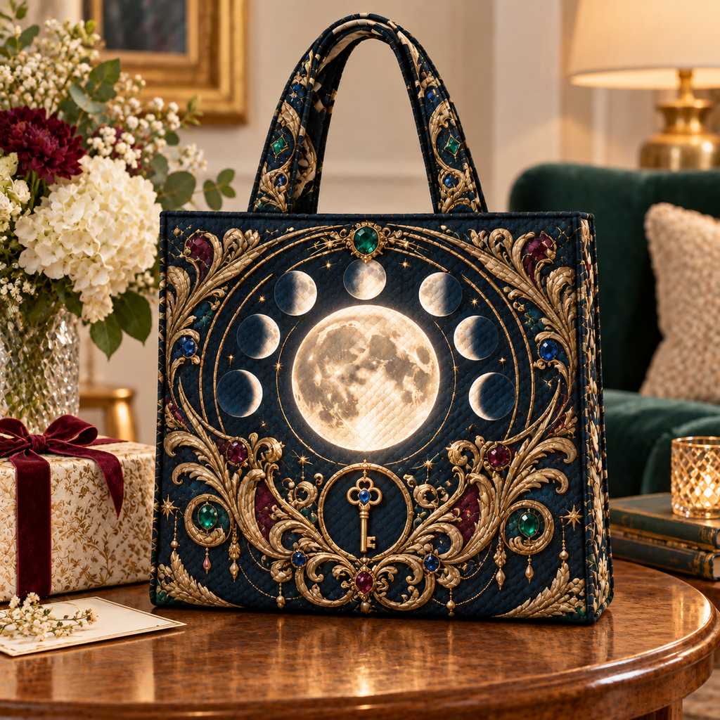 Astral Heirloom Quilted Tote Bag with printed optical 3D artwork in its use setting
