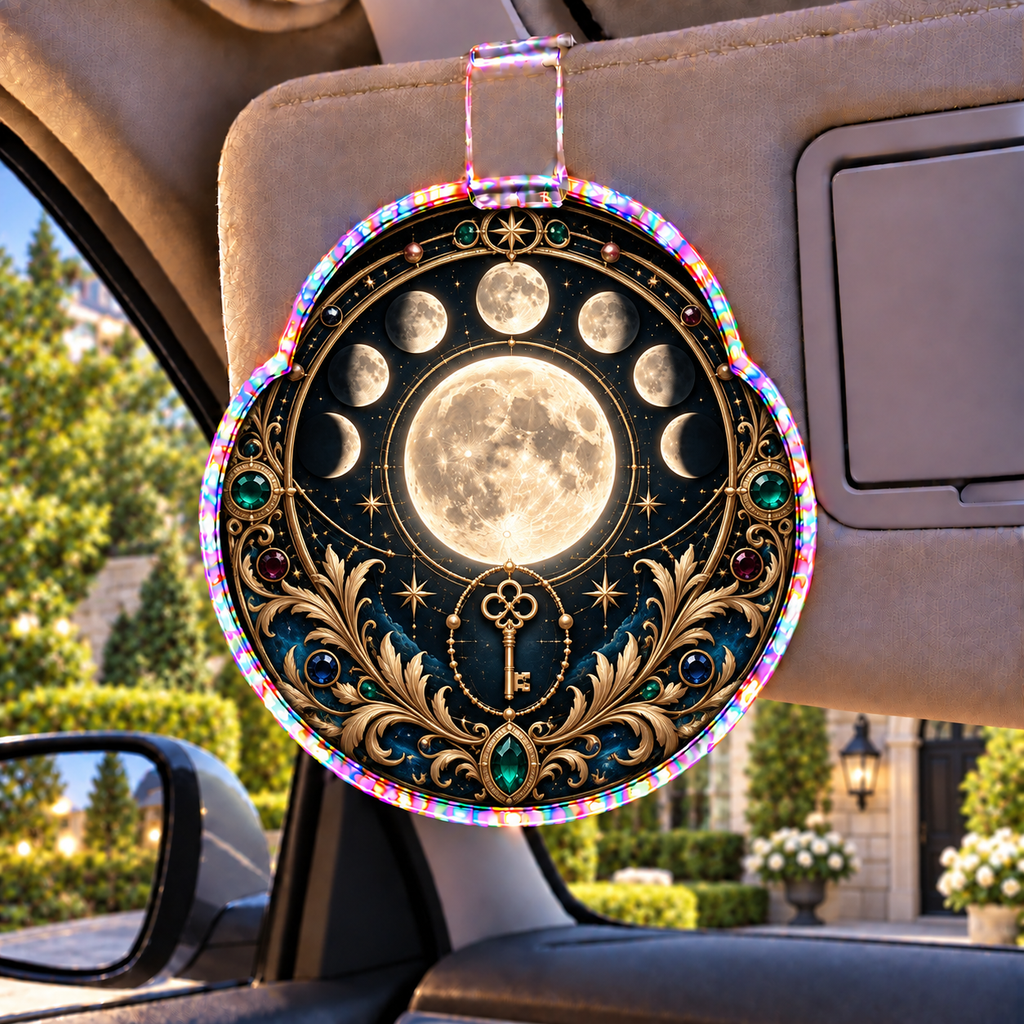 Astral Heirloom Holographic Car Visor Clip with printed optical 3D artwork in its use setting