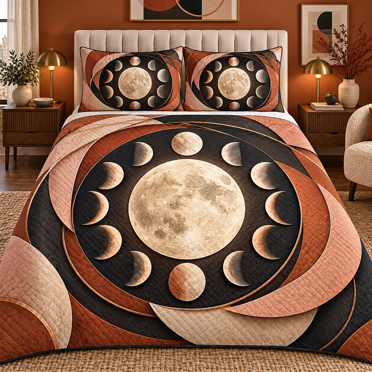 Lunar Gallery Quilted Bedding Set with printed optical 3D artwork in its use setting