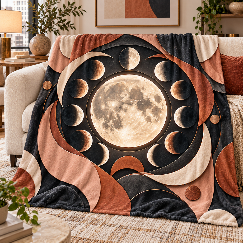Lunar Gallery Sherpa & Fleece Blanket with printed optical 3D artwork in its use setting
