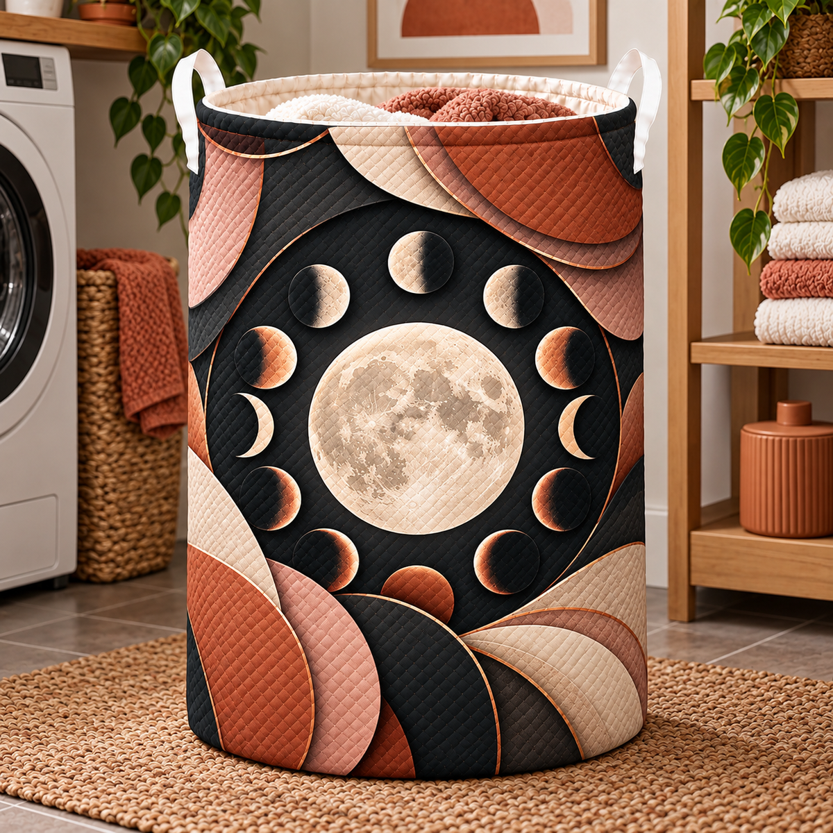 Lunar Gallery Laundry Hamper with printed optical 3D artwork in its use setting