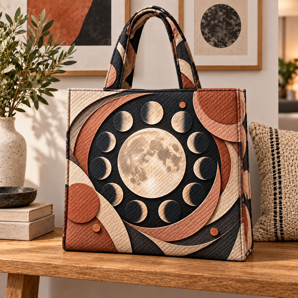 Lunar Gallery Quilted Tote Bag with printed optical 3D artwork in its use setting