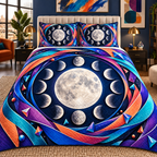 Chromatic Orbit Quilted Bedding Set with printed optical 3D artwork in its use setting