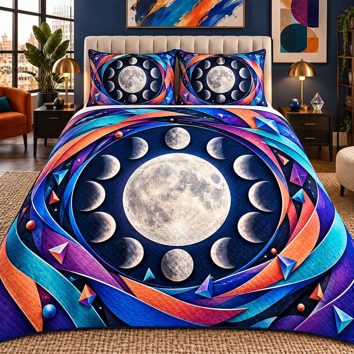 Chromatic Orbit Quilted Bedding Set with printed optical 3D artwork in its use setting
