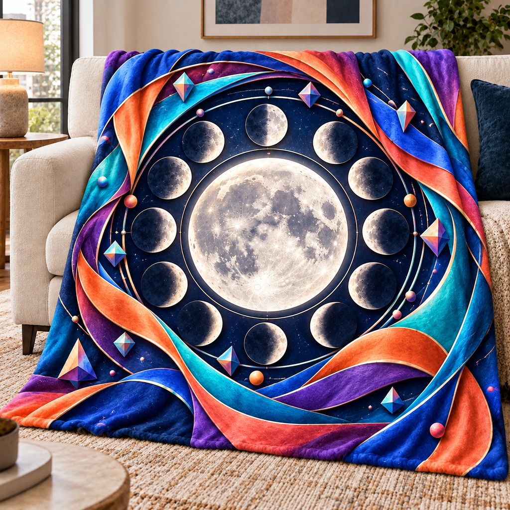 Chromatic Orbit Sherpa & Fleece Blanket with printed optical 3D artwork in its use setting