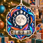 Chromatic Orbit Acrylic Cash Holder Ornament with printed optical 3D artwork in its use setting