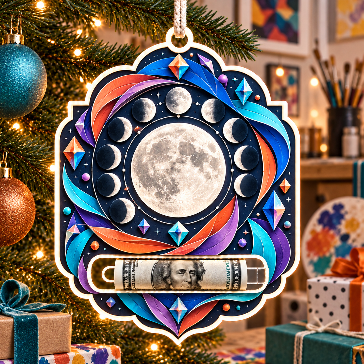 Chromatic Orbit Acrylic Cash Holder Ornament with printed optical 3D artwork in its use setting