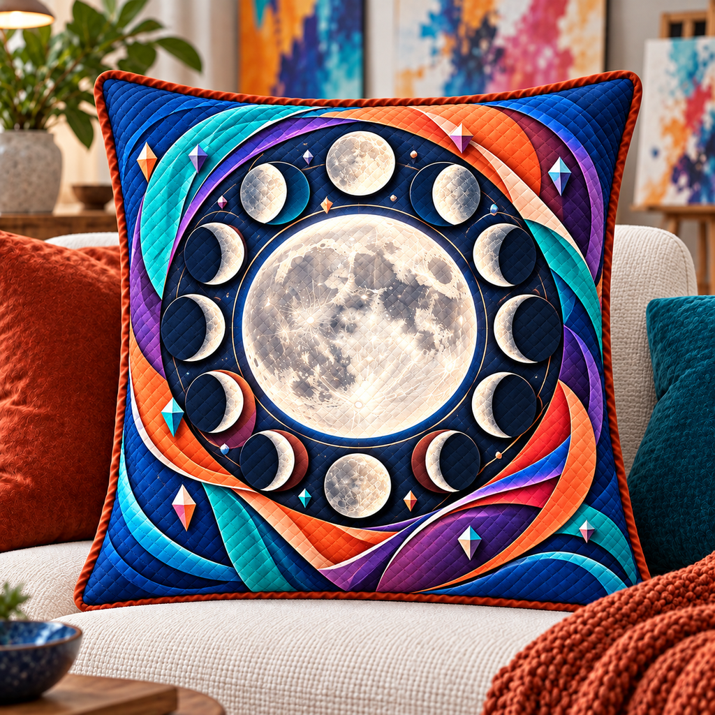 Chromatic Orbit Quilted Cushion Cover with printed optical 3D artwork in its use setting