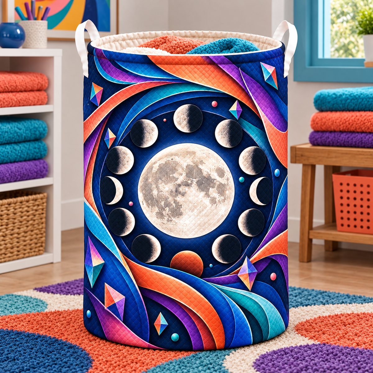Chromatic Orbit Laundry Hamper with printed optical 3D artwork in its use setting