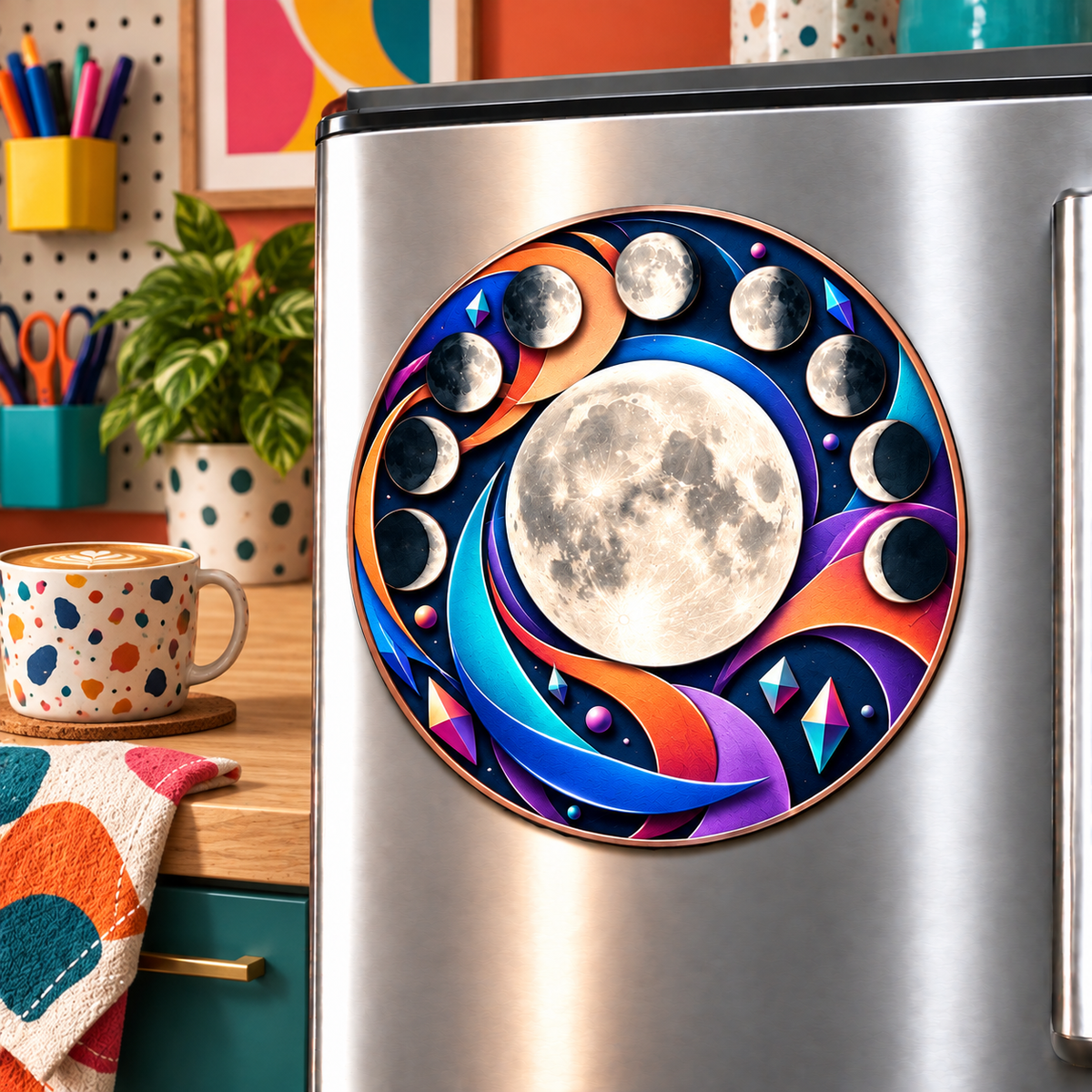 Chromatic Orbit Acrylic Refrigerator Magnet with printed optical 3D artwork in its use setting