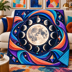 Chromatic Orbit Quilt Blanket with printed optical 3D artwork in its use setting