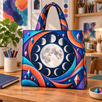 Chromatic Orbit Quilted Tote Bag with printed optical 3D artwork in its use setting
