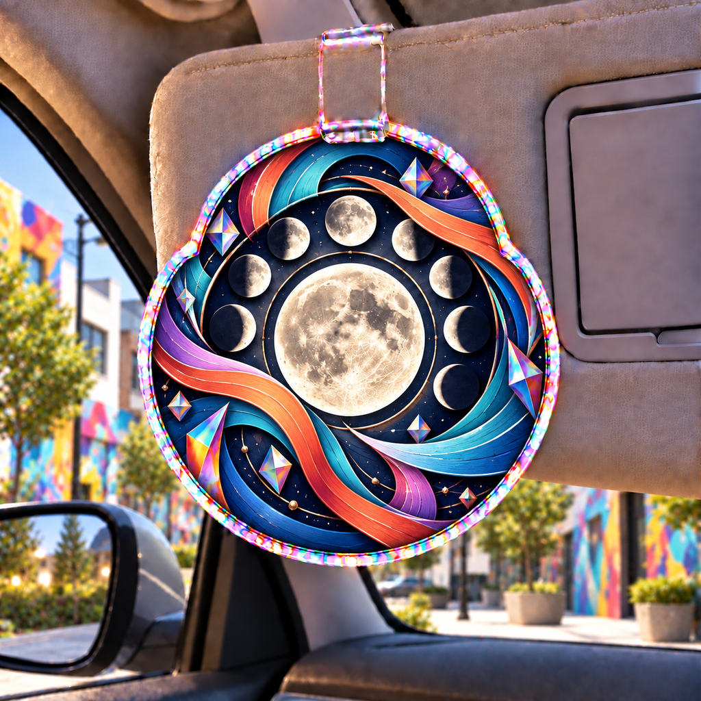 Chromatic Orbit Holographic Car Visor Clip with printed optical 3D artwork in its use setting