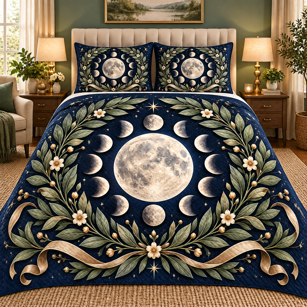 Lunar Laurels Quilted Bedding Set with printed optical 3D artwork in its use setting