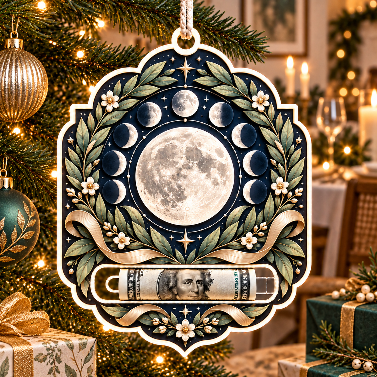 Lunar Laurels Acrylic Cash Holder Ornament with printed optical 3D artwork in its use setting