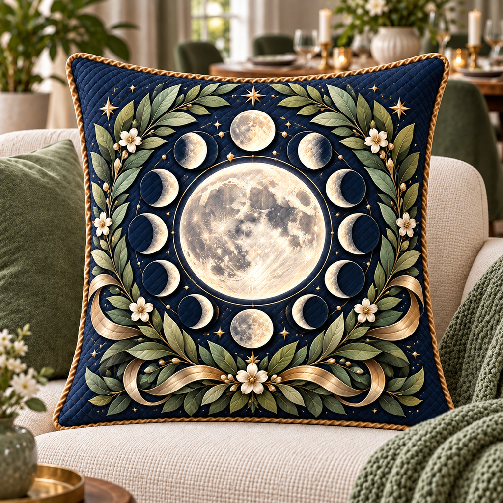 Lunar Laurels Quilted Cushion Cover with printed optical 3D artwork in its use setting