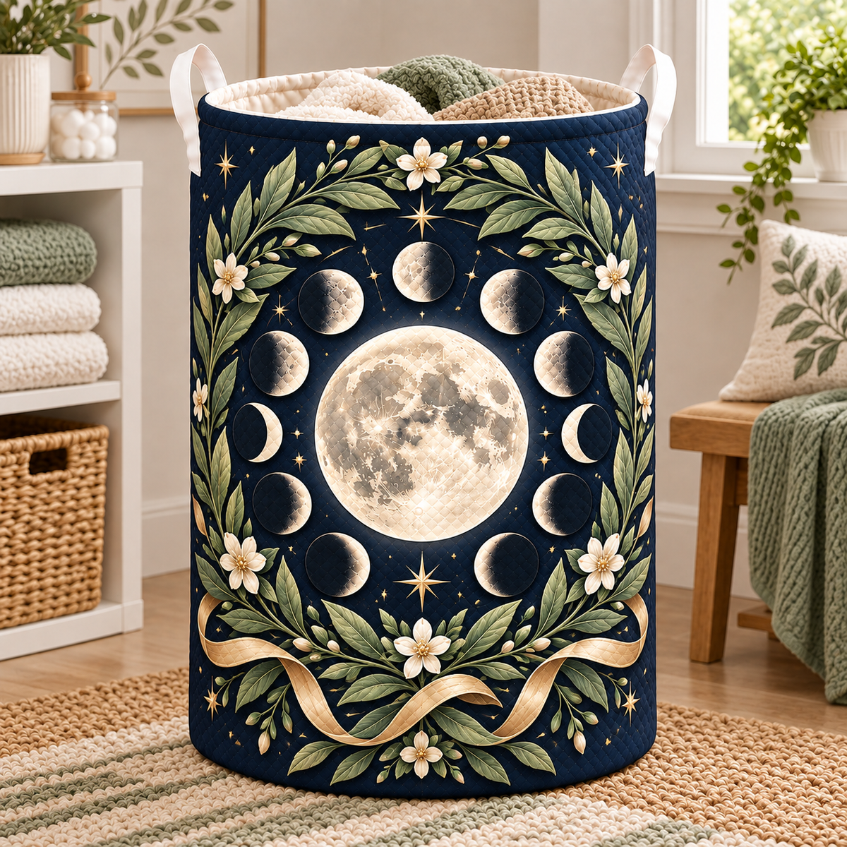 Lunar Laurels Laundry Hamper with printed optical 3D artwork in its use setting