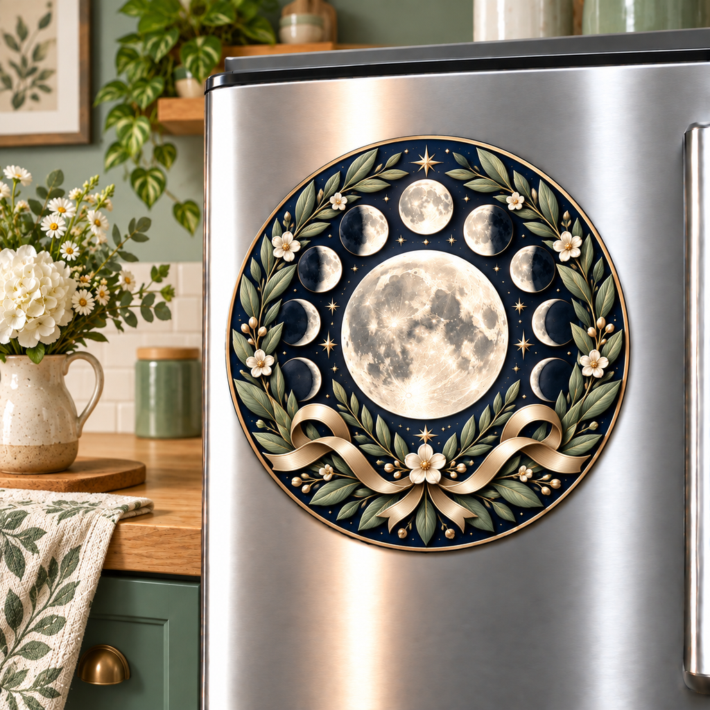 Lunar Laurels Acrylic Refrigerator Magnet with printed optical 3D artwork in its use setting