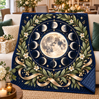 Lunar Laurels Quilt Blanket with printed optical 3D artwork in its use setting