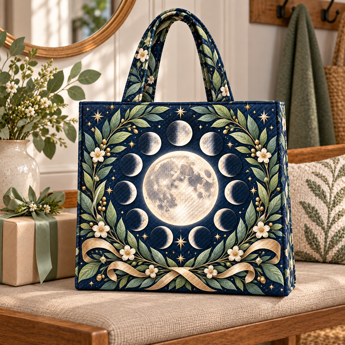 Lunar Laurels Quilted Tote Bag with printed optical 3D artwork in its use setting