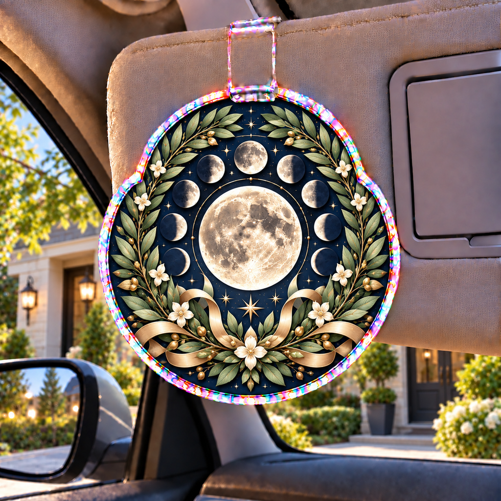Lunar Laurels Holographic Car Visor Clip with printed optical 3D artwork in its use setting