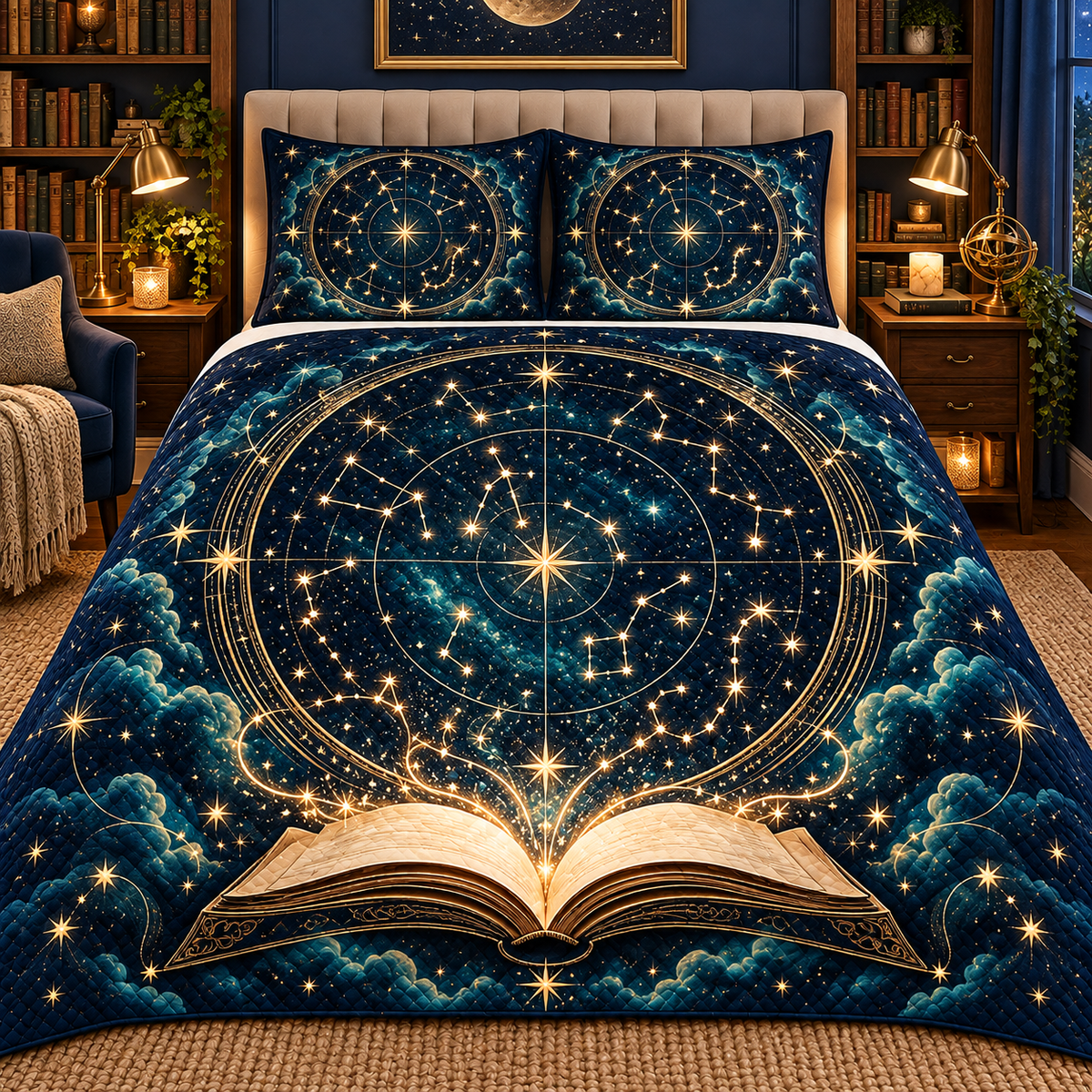Starlit Atlas Quilted Bedding Set with printed optical 3D artwork in its use setting