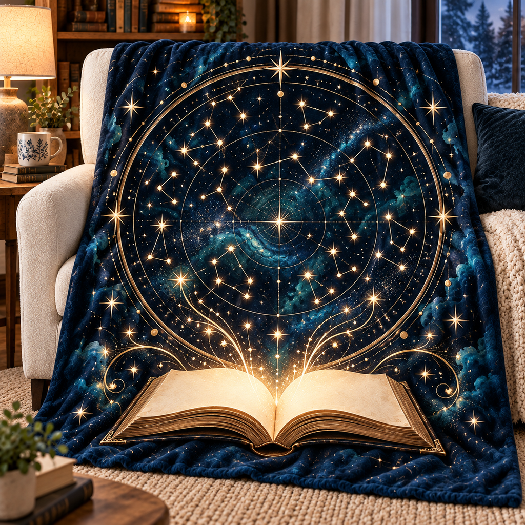 Starlit Atlas Sherpa & Fleece Blanket with printed optical 3D artwork in its use setting