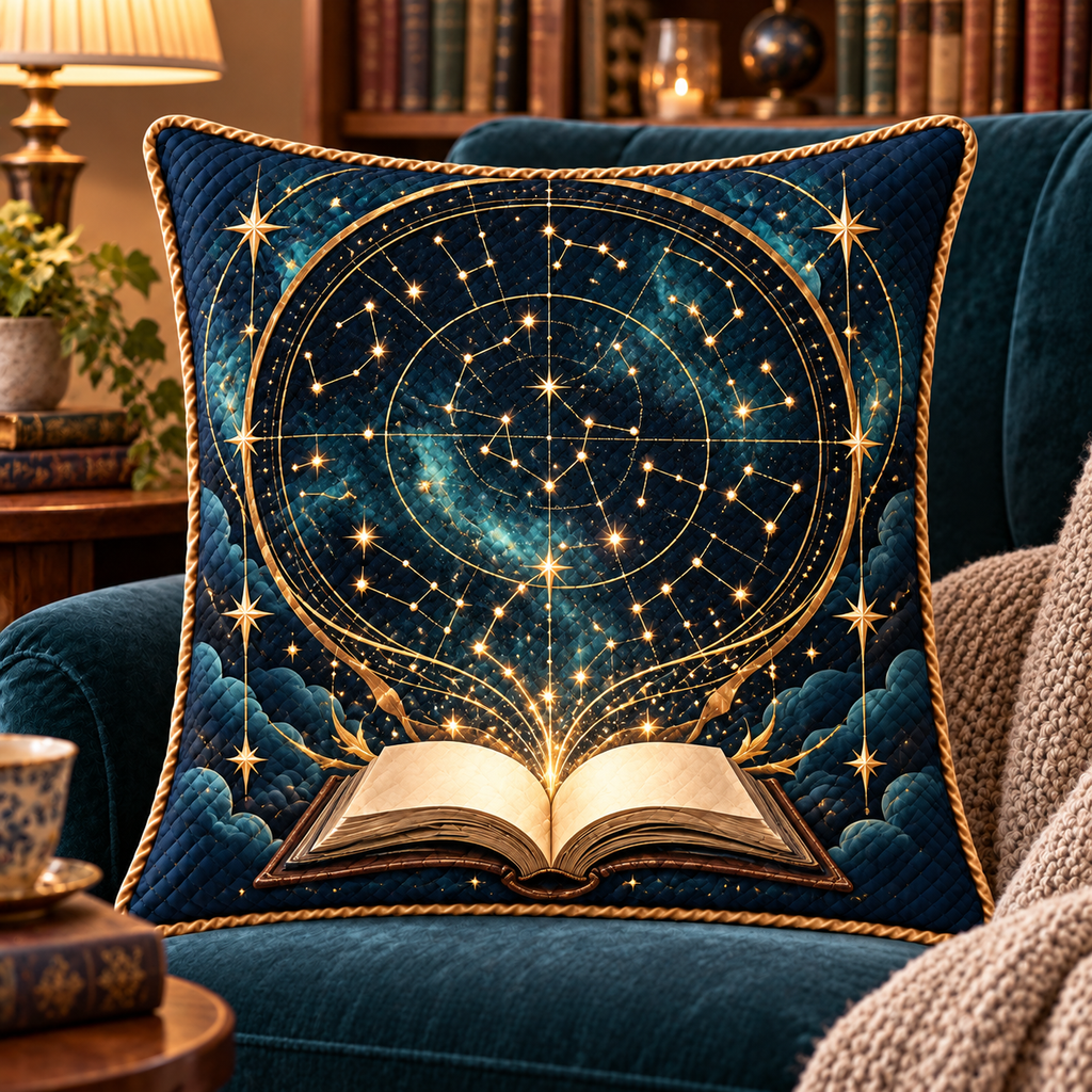 Starlit Atlas Quilted Cushion Cover with printed optical 3D artwork in its use setting