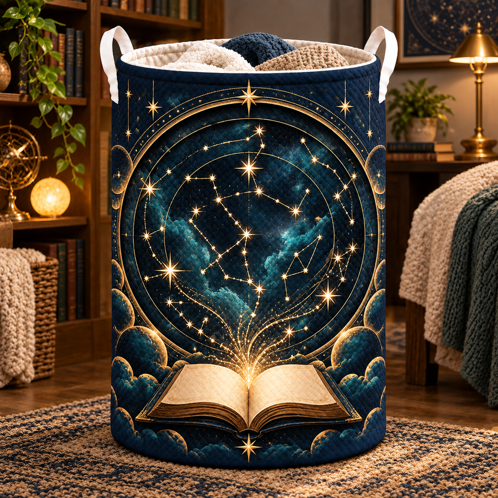 Starlit Atlas Laundry Hamper with printed optical 3D artwork in its use setting