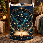 Starlit Atlas Laundry Hamper with printed optical 3D artwork in its use setting