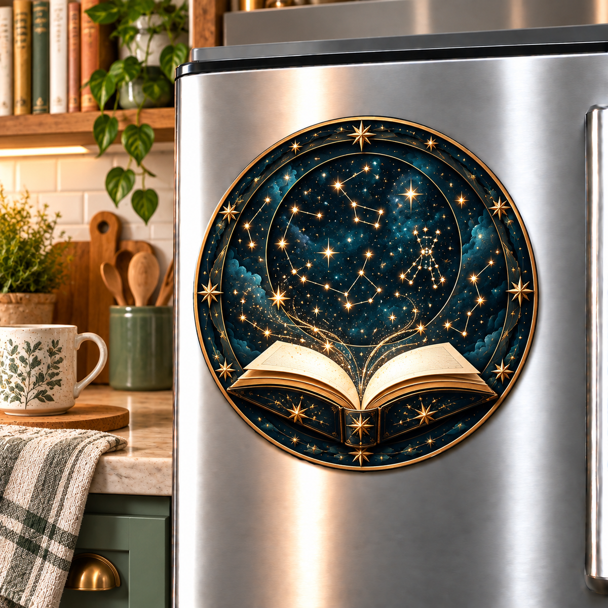 Starlit Atlas Acrylic Refrigerator Magnet with printed optical 3D artwork in its use setting