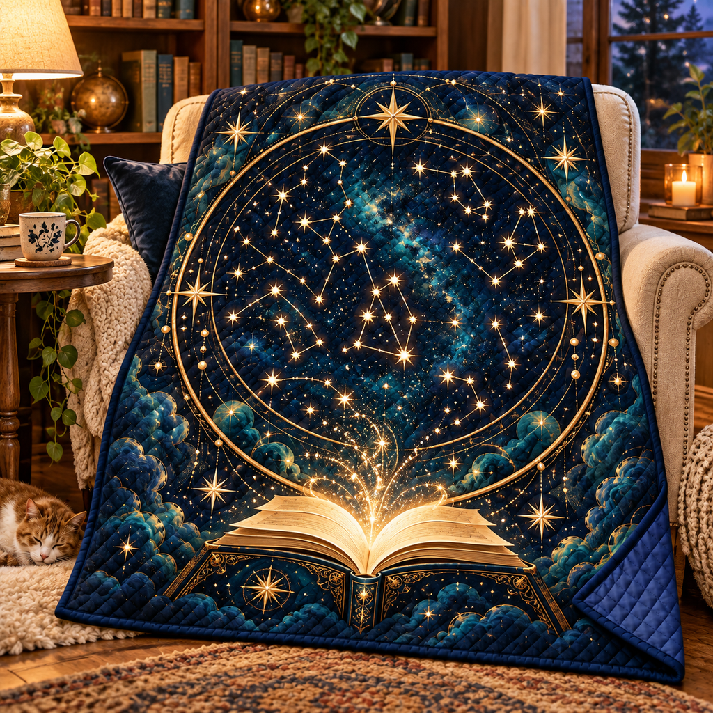 Starlit Atlas Quilt Blanket with printed optical 3D artwork in its use setting
